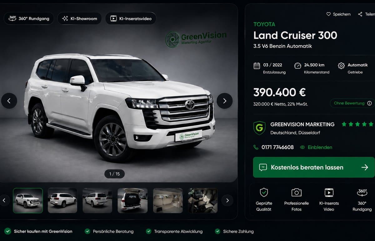 Nachher: KI-Showroom-Präsentation mit GreenVision Branding, 360°-Rundgang und KI-Inseratsvideo