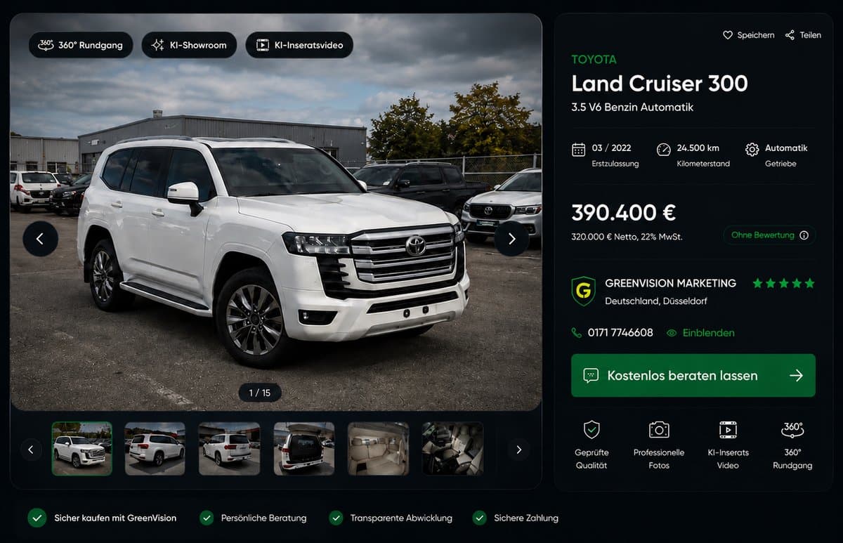 Vorher: Fahrzeug-Inserat mit KI-Showroom, 360°-Rundgang und KI-Inseratsvideo Badges